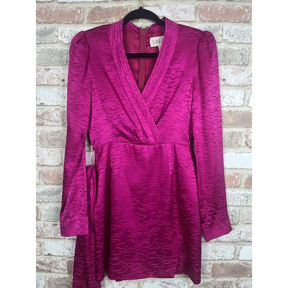 Saloni Bibi Mini Dress Vivid Magenta Silk Long-Sleeve Sz 0 - Picture 5 of 14